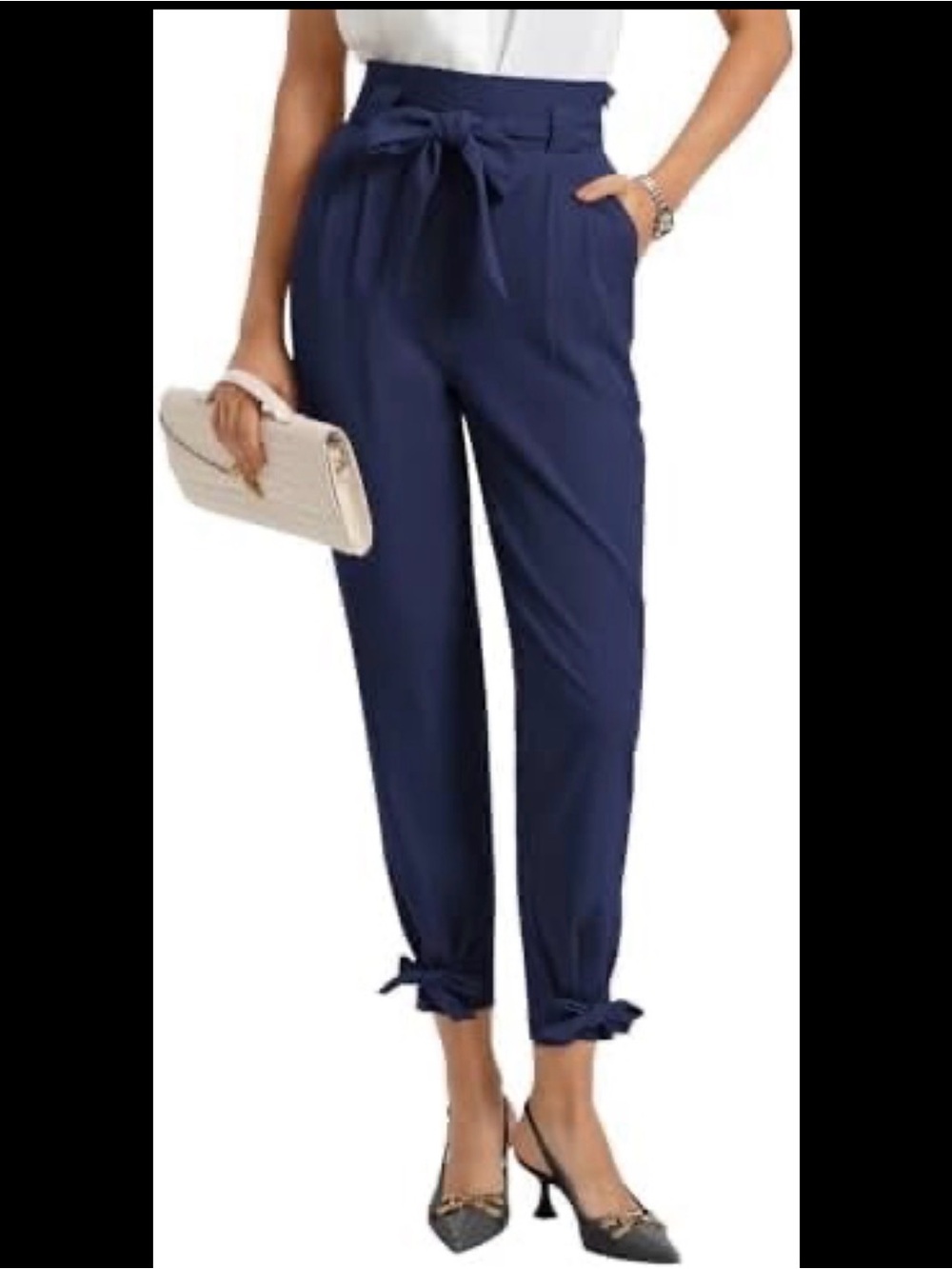 GRACE KARIN Navy Tie Ankle Trousers High Waist Slim Pants Medium